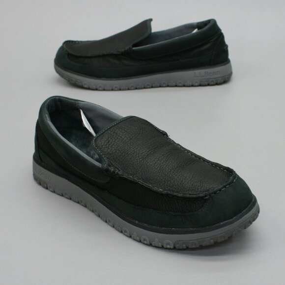 LL Bean Mens 10 All Week Moc Slippers Black Leather Shearling House Shoes 512403 - Picture 1 of 11